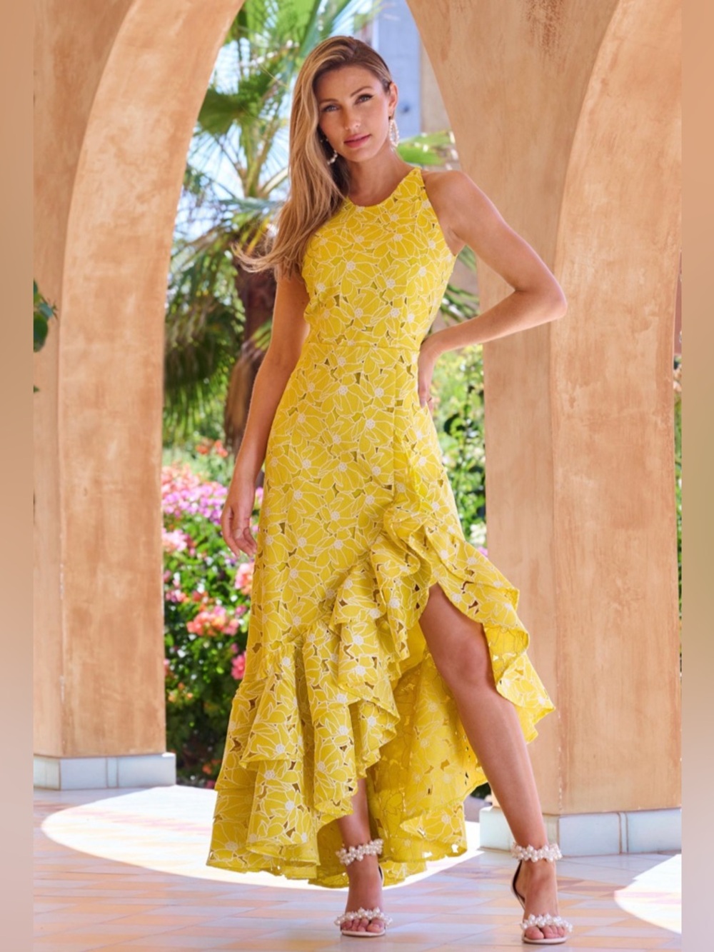 Boston Proper Floral Lace High-Low Ruffle Dress in Yellow- NWT